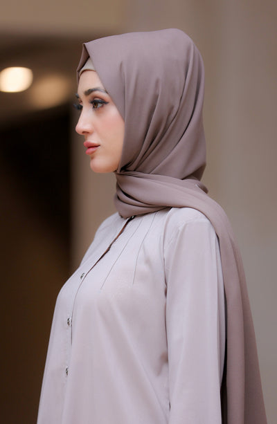 modest beige co-ord set with brown hijab
