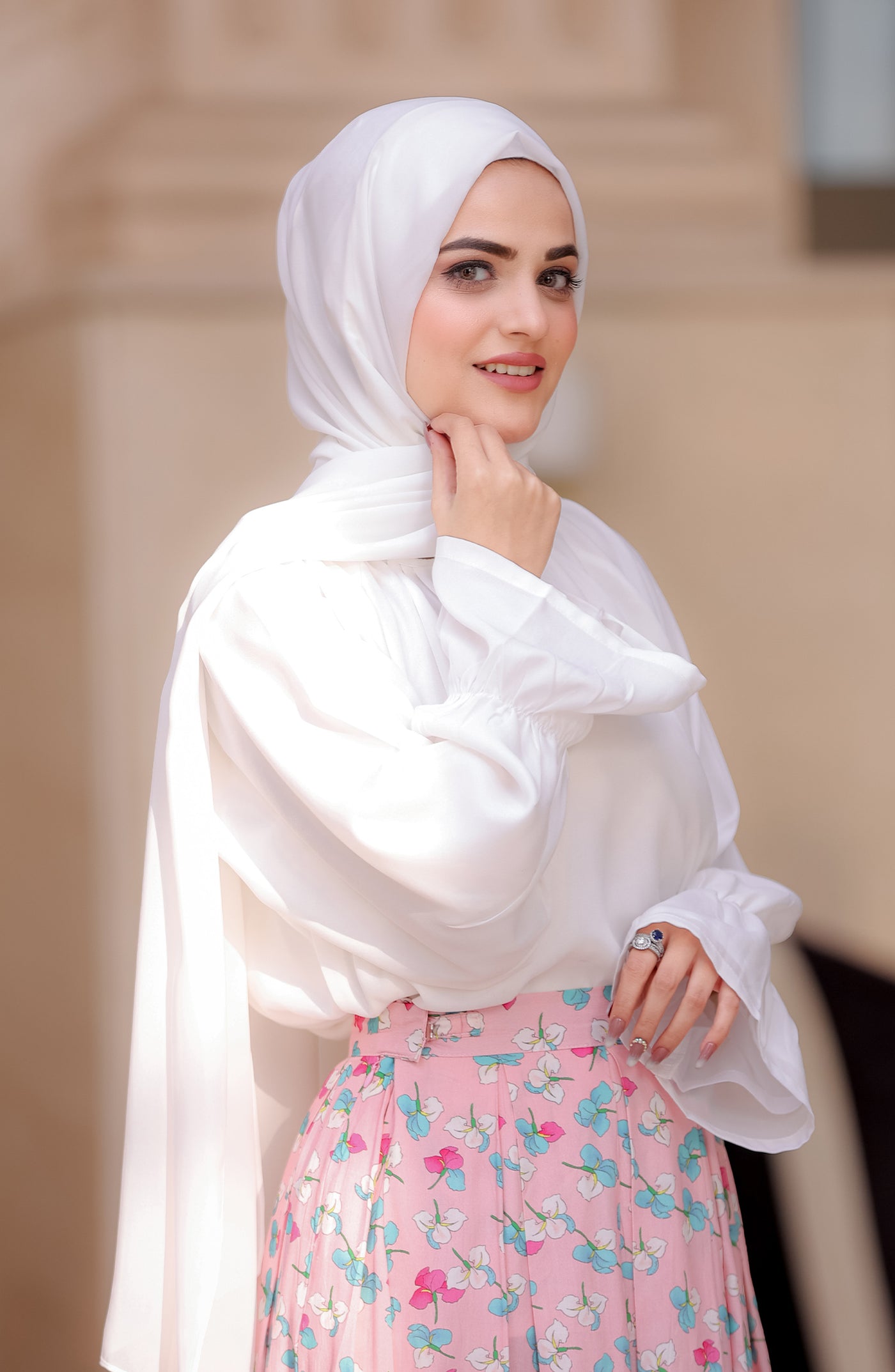 pink floral skirt with white top & hijab in pakistan