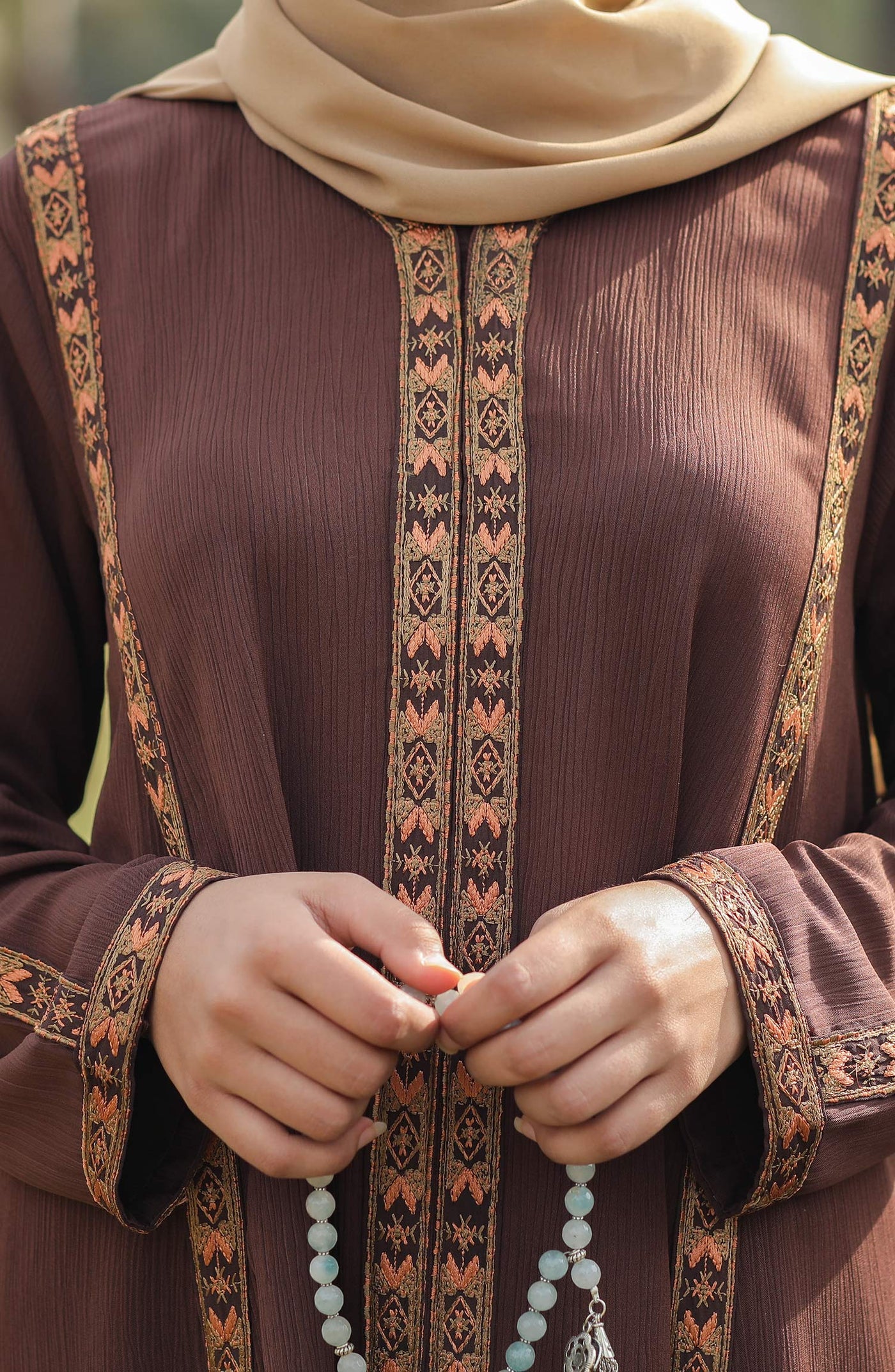 front closed abaya in brown color