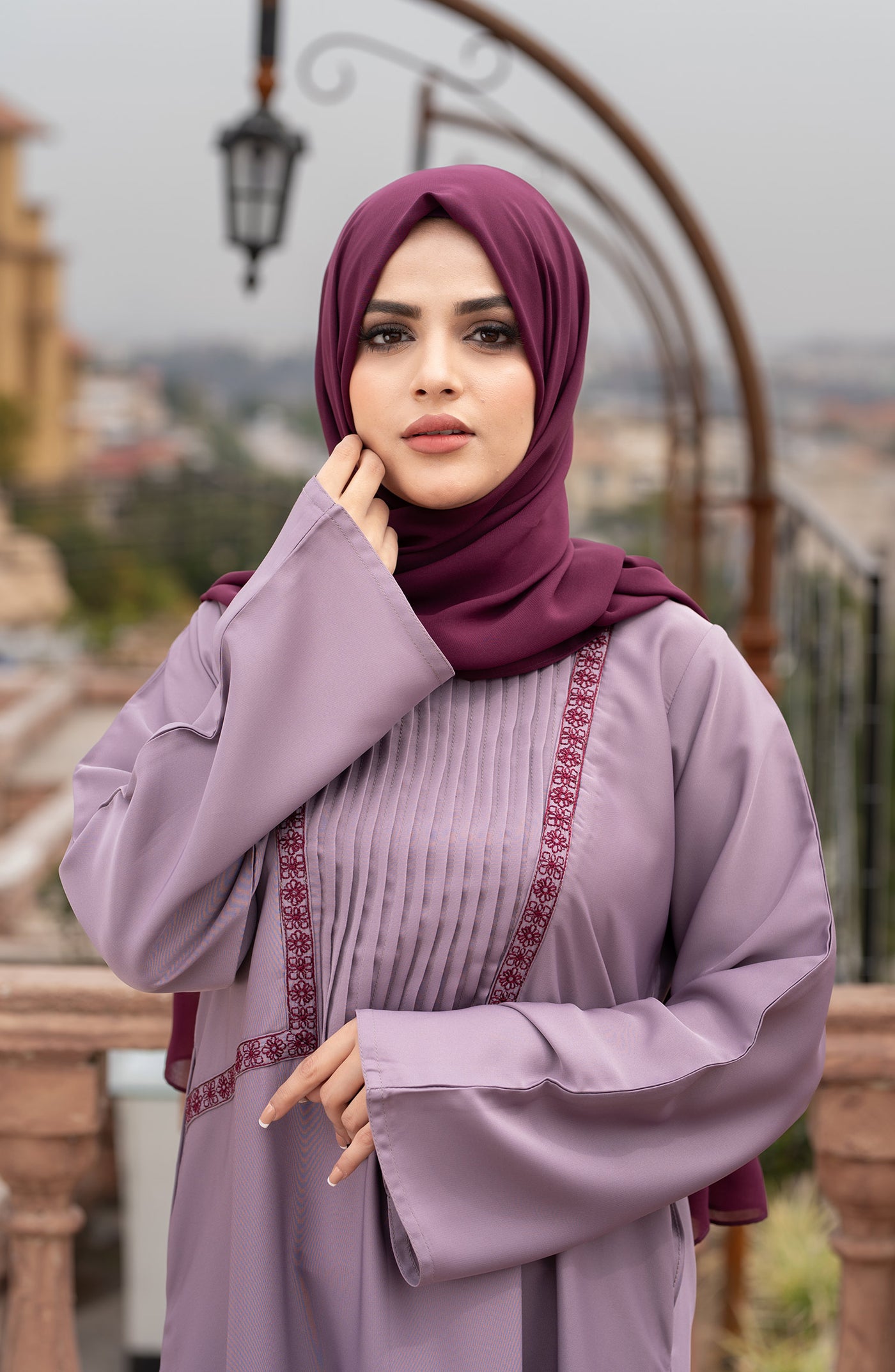 Rose Mauve abaya with minimalistic embroidery on chest