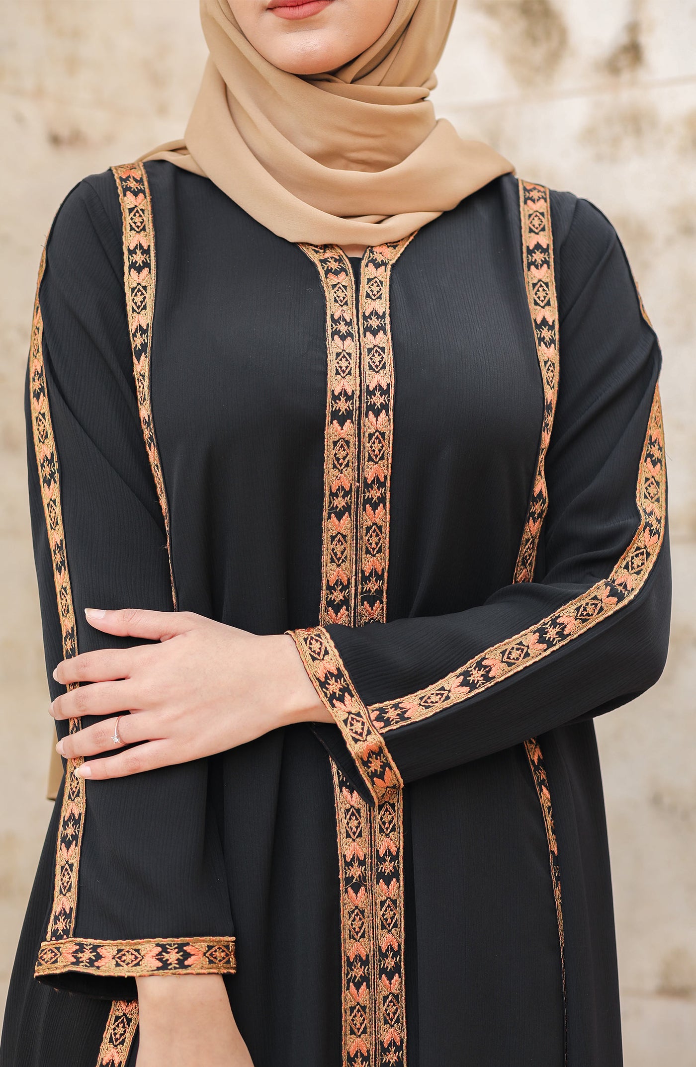 front close abaya in embroidered design