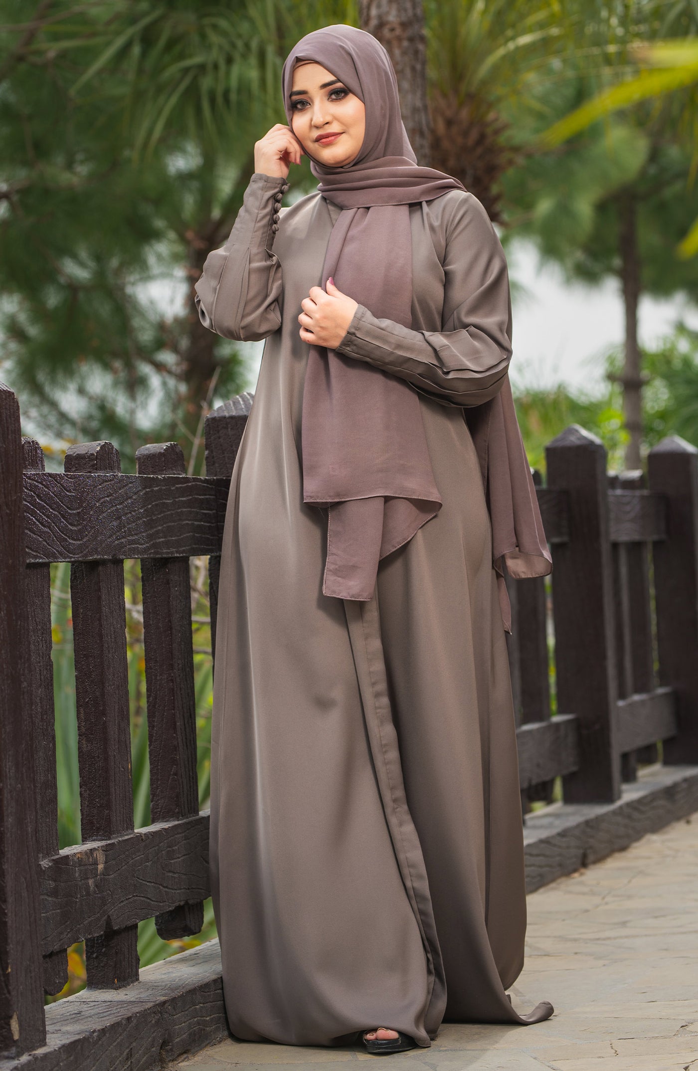 front open abaya in pebble color