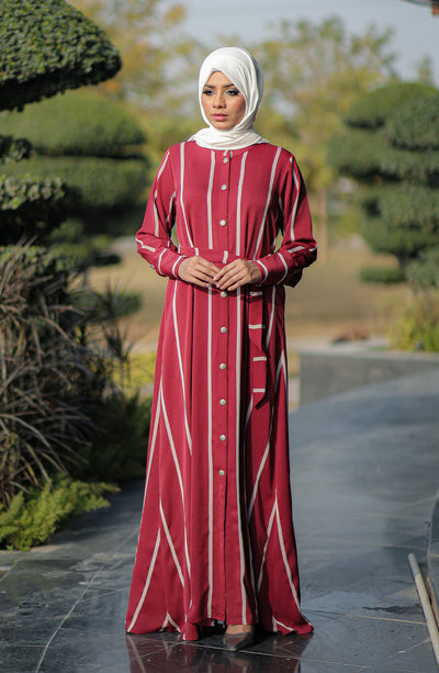 maroon stripes kimono abaya by Malbus