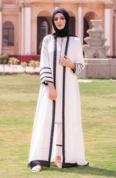 full length white Kimono with front line and sleeves are embellished with handwork of beads