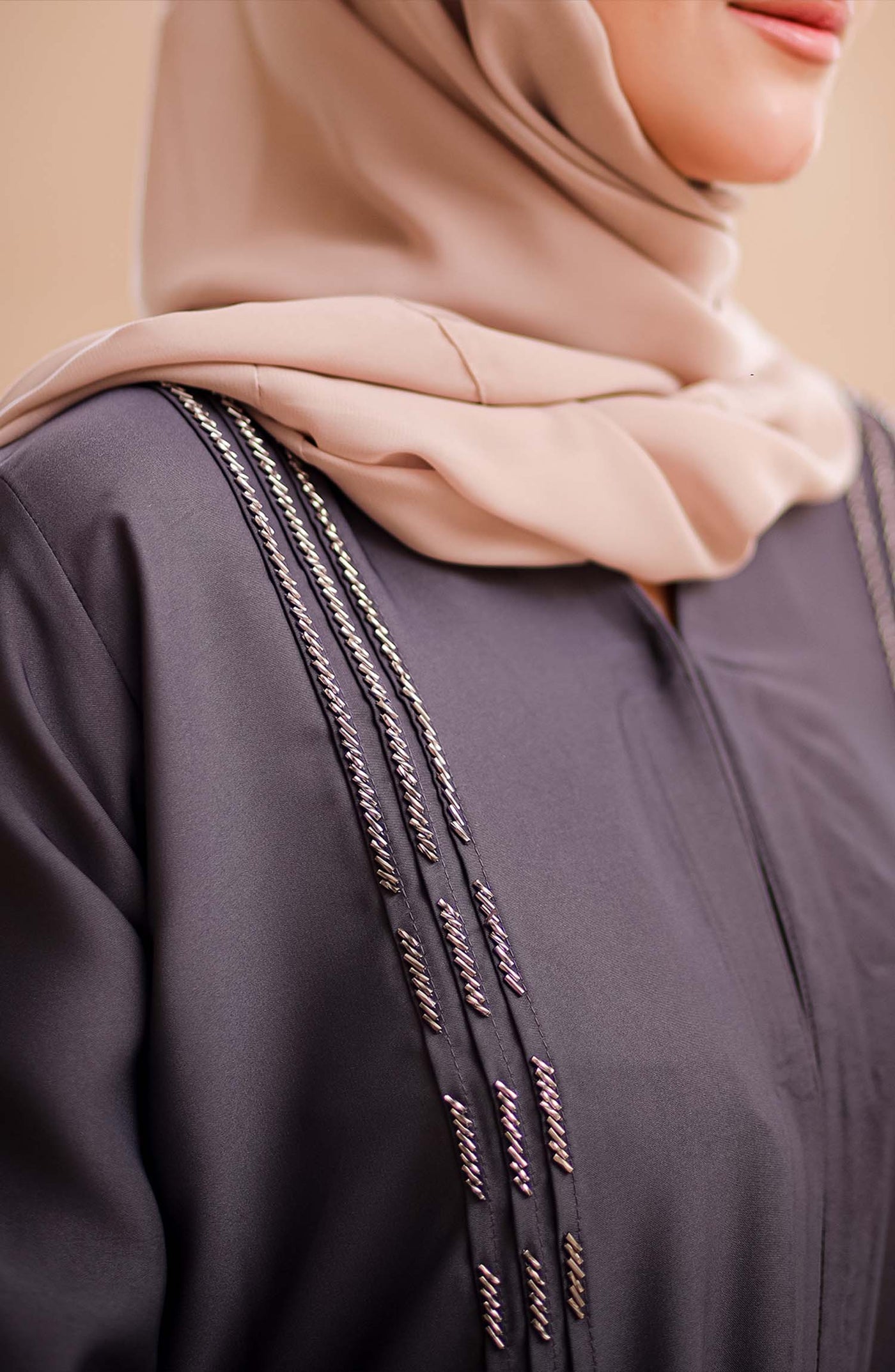 embellished dark grey abaya by malbus