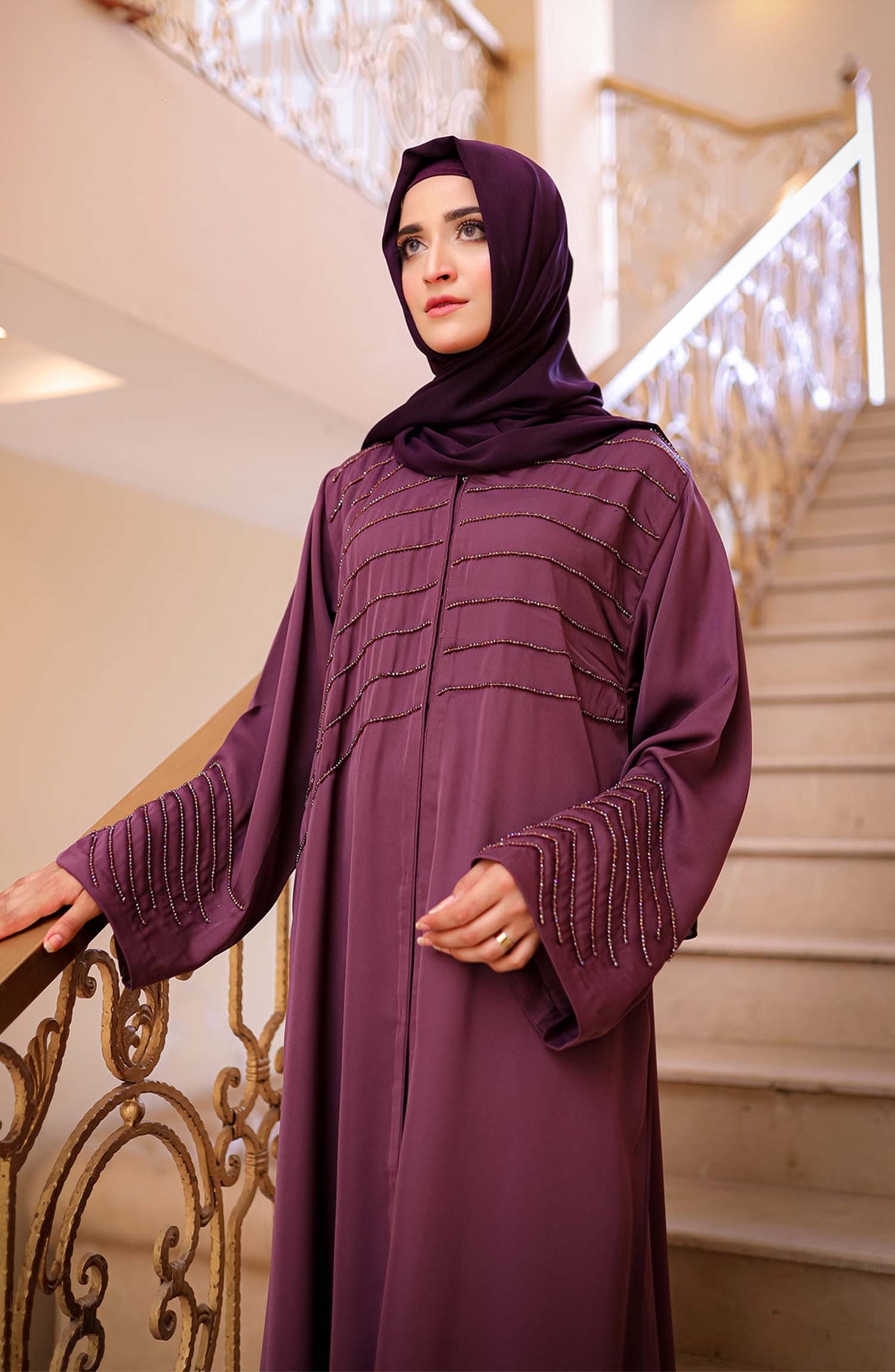 embellished dark mauve abaya by malbus