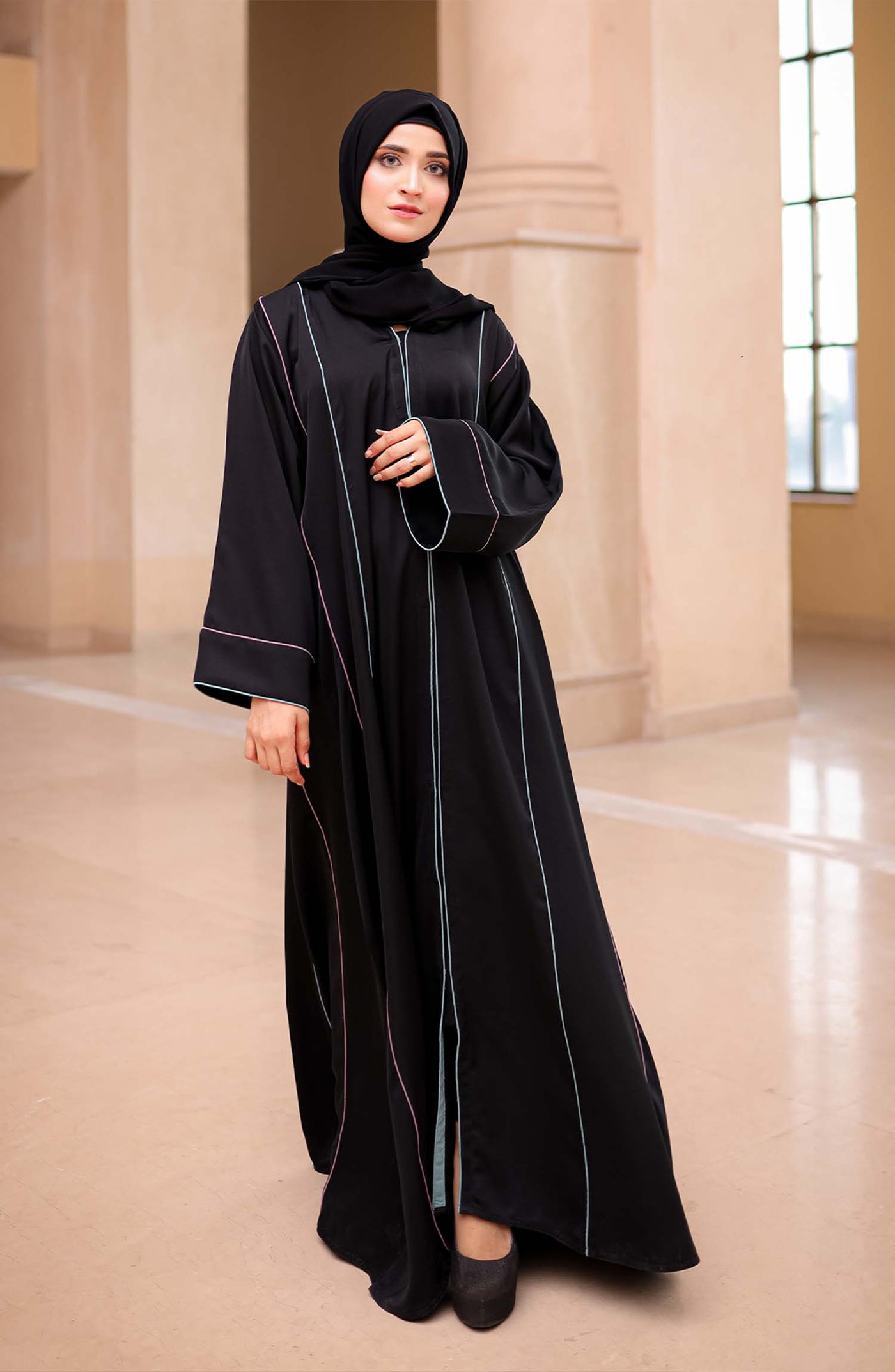 Elegant black abaya in traditional Arabic style 